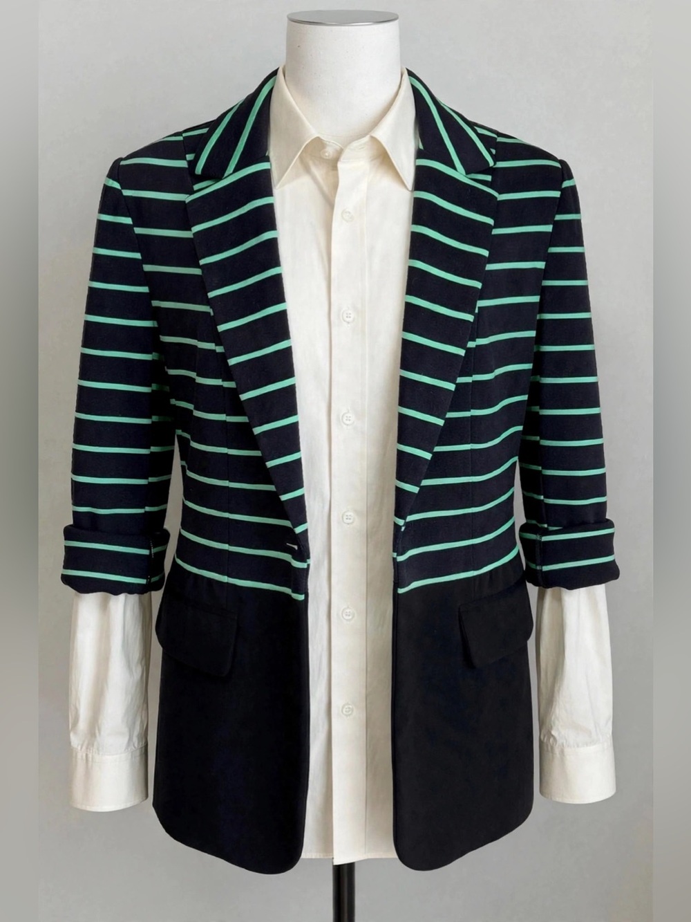 Grace Elements Open-Front Ponte Blazer Size 2 Black & Mint Green Striped
